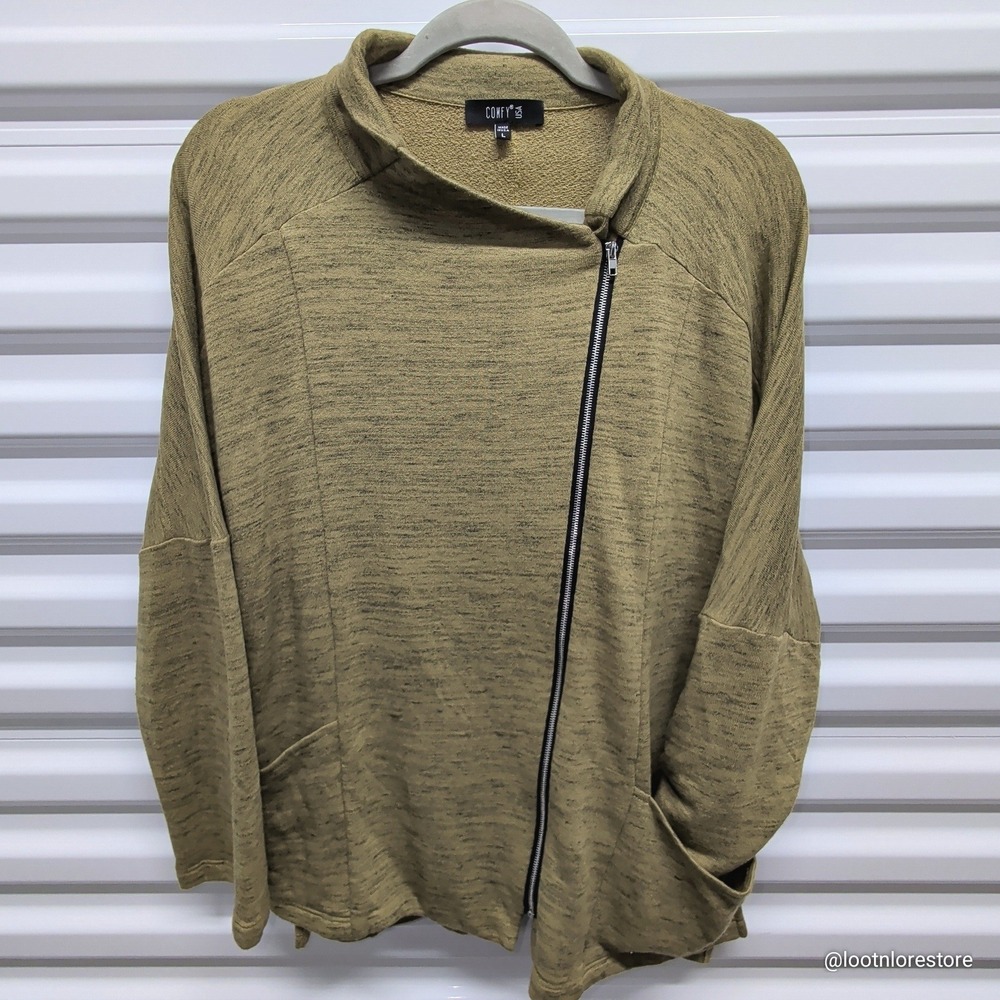 Comfy USA Cardigan Jacket Large Womens Olive Green Asymmetric Zip Mock Neck — photo 2